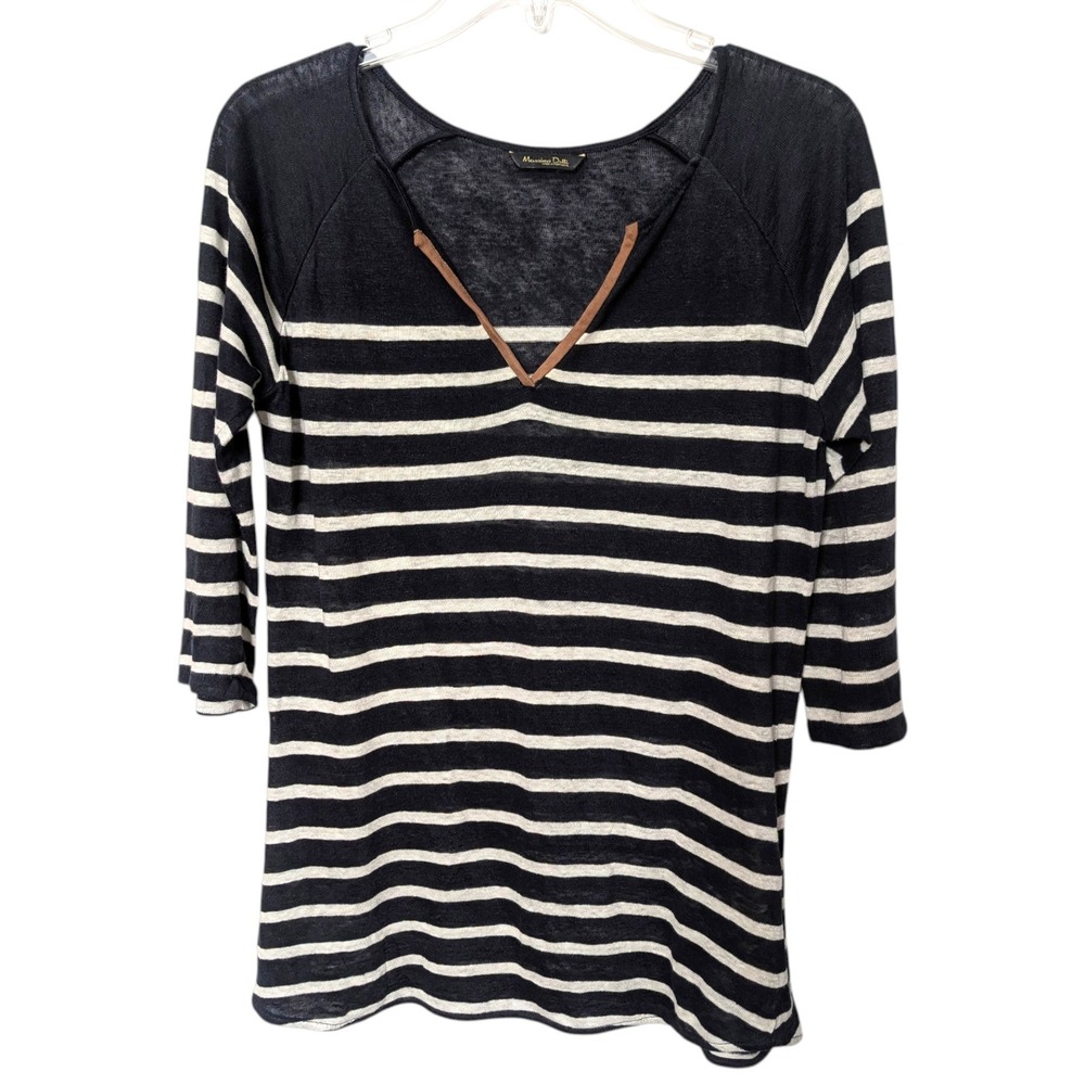 Massimo Dutti Navy White 100% Linen Striped V-Neck Trim Nautical Top Size Large